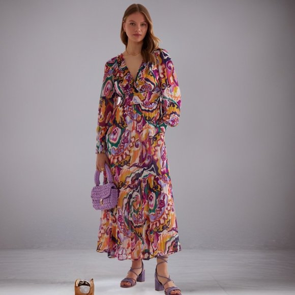 Anthropologie The Odetta Ruffled V-Neck Long-Sleeve Midi Dress NWT - Picture 2 of 9